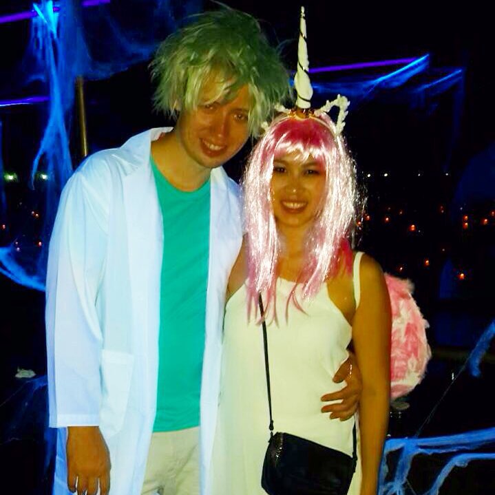 Time flies! It was the 3rd Halloween we dressed up together, my fiancé  @armyxxl. It was a fun Halloween party last night. Rick (and Morty) & flying unicorn 💜😍😘🎃