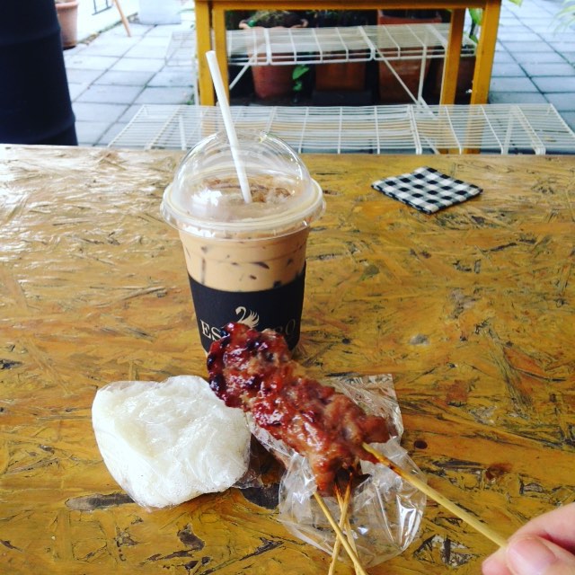 BBQ pork with sticky rice and iced latte