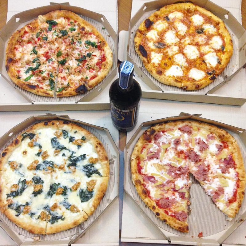 Gallery pizza is one of our favorite pizza 🍕 places in Bangkok!  From top left: Basil pizza, vodka sauce pizza , white garlic chicken pizza and margarita pizza #. We got a free bottle of wine from this pizza place. Pizza time! Happy Friday!