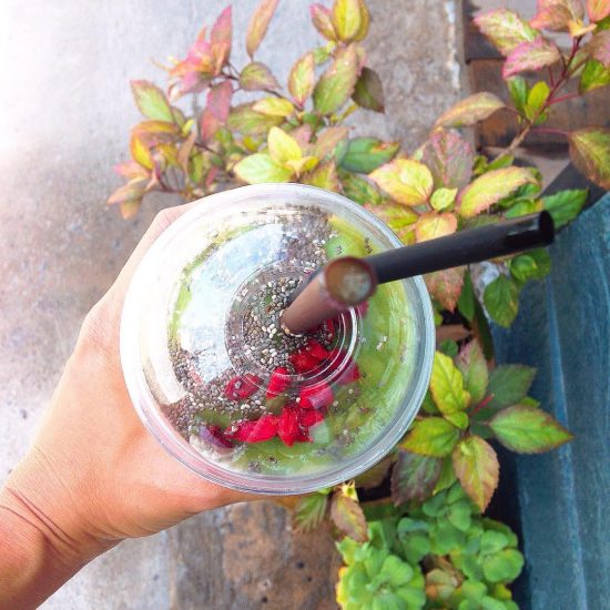 Mixed green veggies, green apple, ginger , chia smoothie