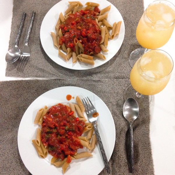 Pasta 🍝 with vodka sauce and passion fruit soda