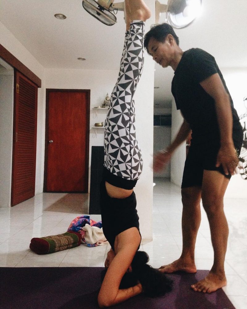 I practiced a headstand today. It wasn't perfect yet. I haven't practiced this for one month. The teacher said I need to keep practicing it with a wall until It's stable.