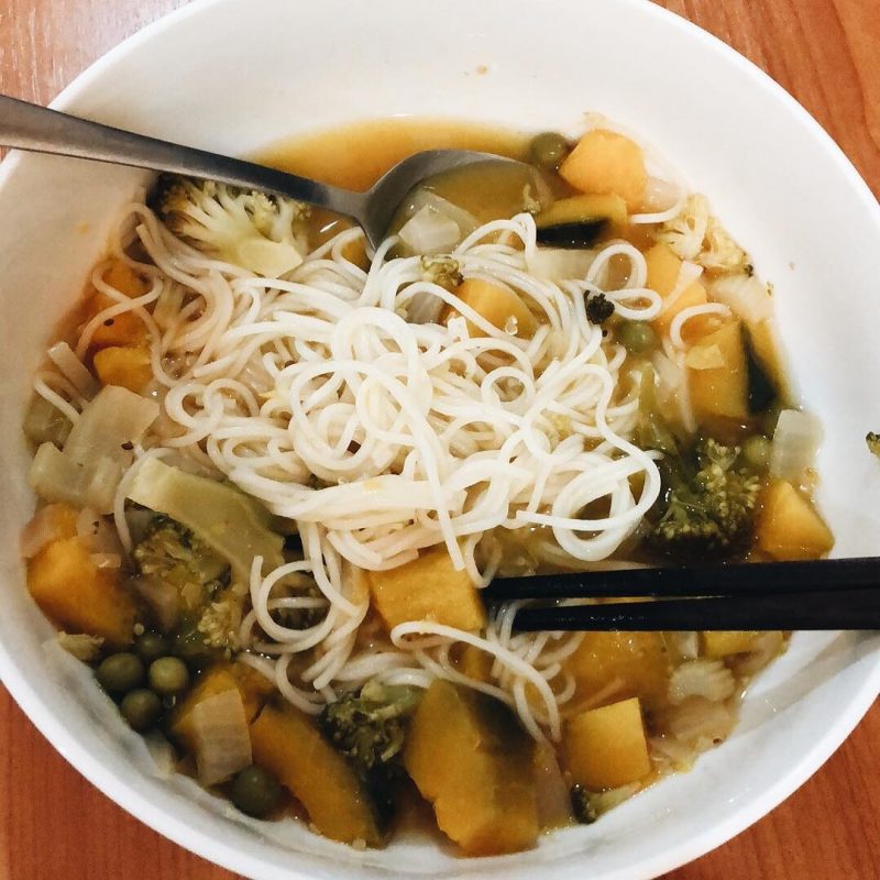 Pumpkin & broccoli stew with Korean noodles