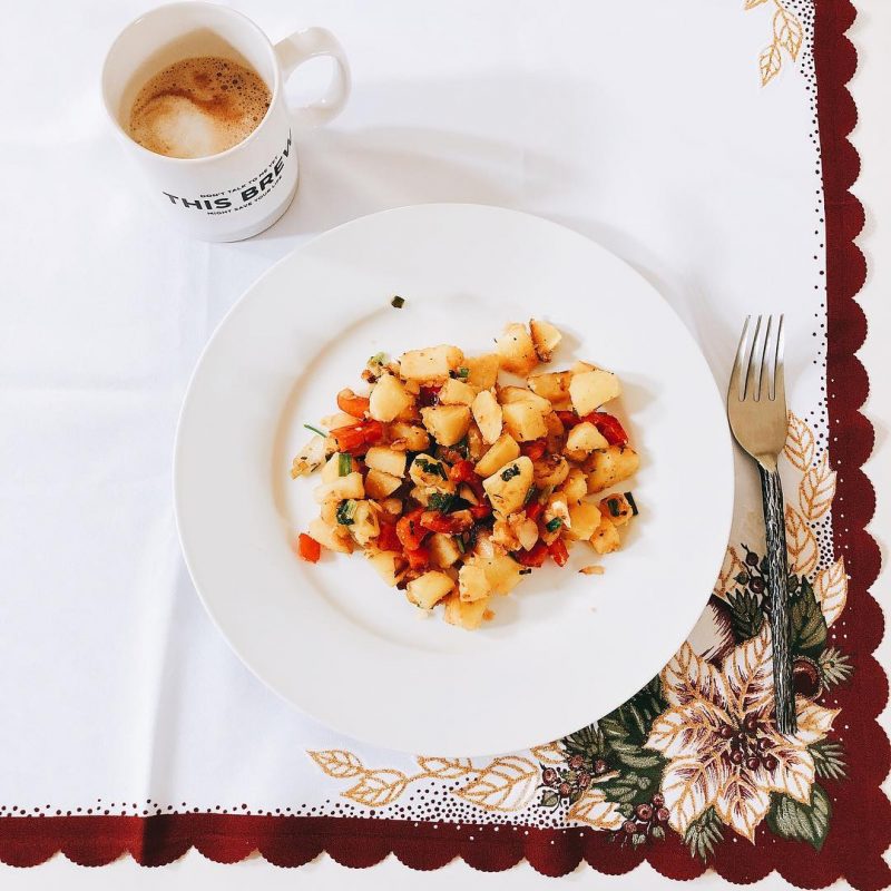 Breakfast potatoes 🥔 using Polish tablecloth Christmas gift from grandma 👵