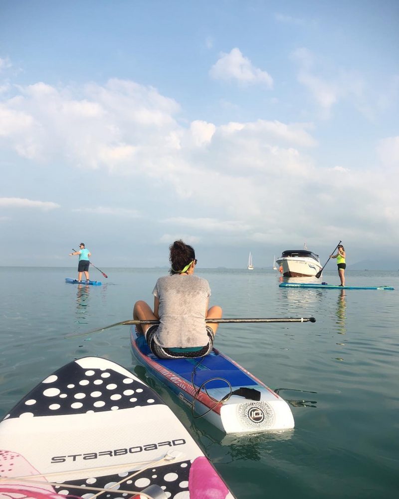 Morning SUP with friends and secret SUP ladies’ group 
Markus and Ali did 8k morning workout paddle to close by Koh Som and back to Bangrak beach. 
I was paddling around Bangrak beach with Marie, KL and Tammy. They were practicing their race boards today. I was on my yoga board. 😆🏝🏖🌊